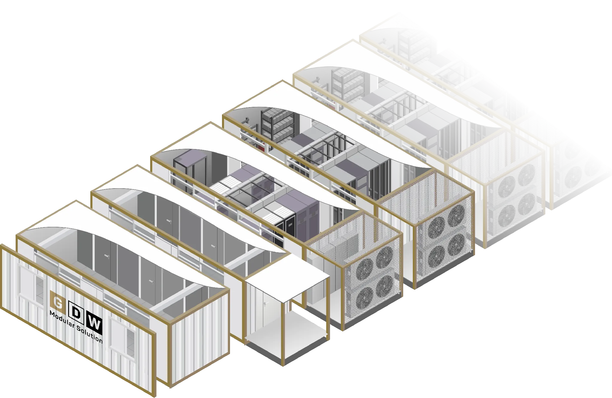 DataCore assembly sequence: a row of modules from bare frame to fitted data hall and cooling wall