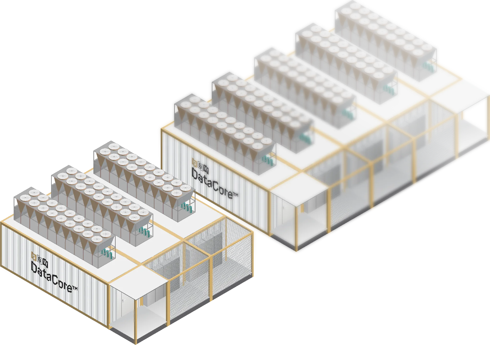 DataCore AI: liquid-cooling units on the module roof, blocks join into an AI cluster with no limit on power