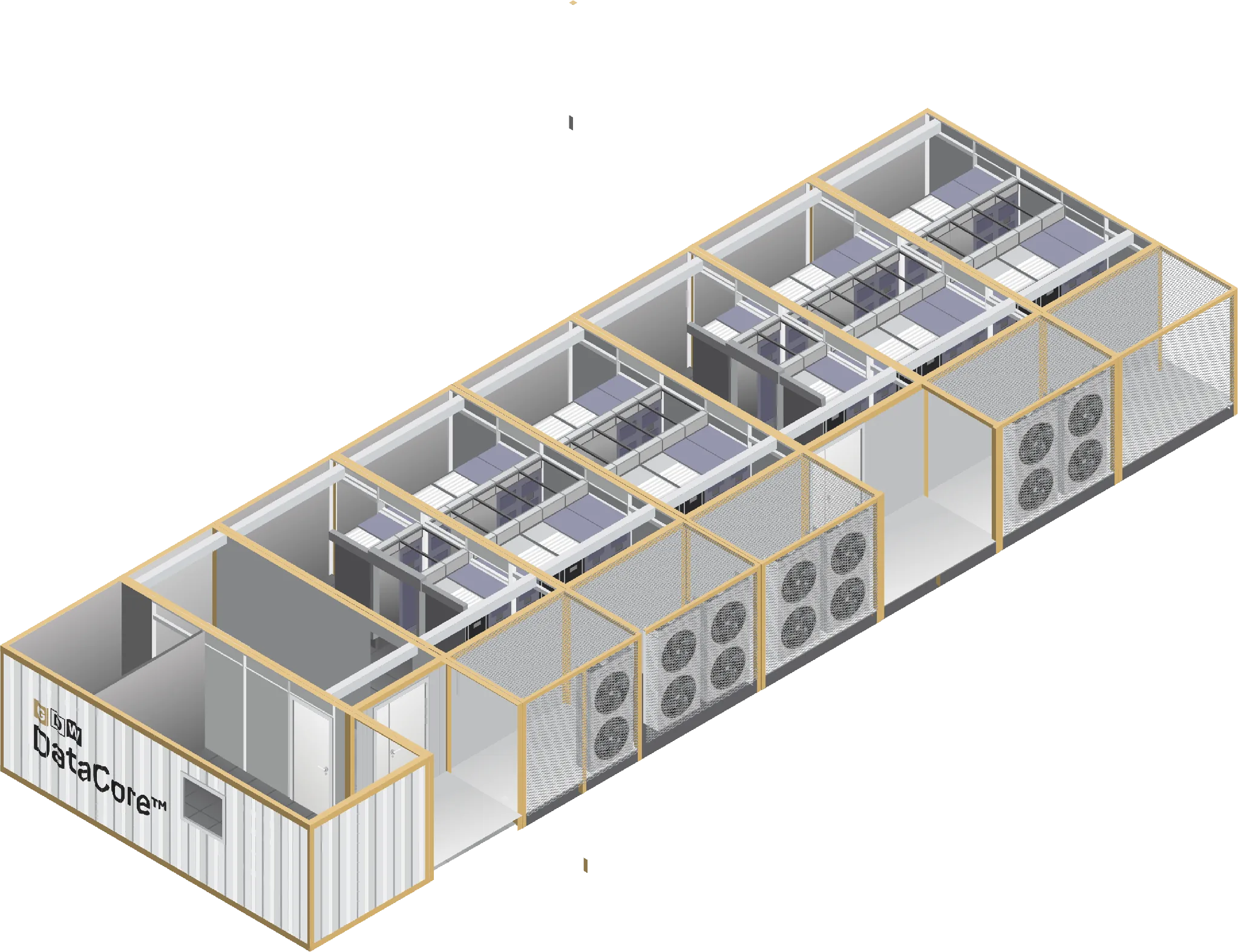 DataCore M: a single wide data hall of joined modules with a dedicated energy block
