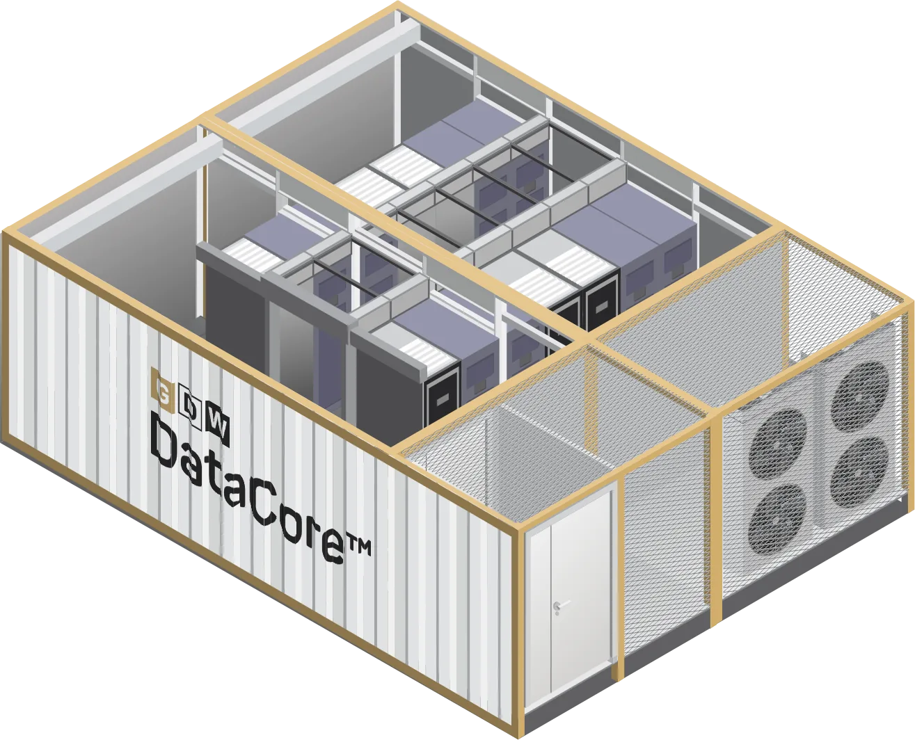 DataCore S module cutaway: data hall with racks, service aisle and the cooling wall